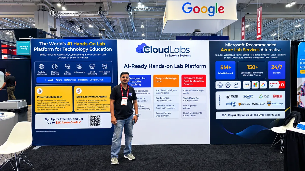A CloudLabs team member in front of the stand's AI-Ready Hands-on Lab Platform banner and the Microsoft Recommended Azure Lab Services Alternative panel