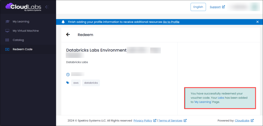 Confirmation message with lab environment details after redeeming the voucher